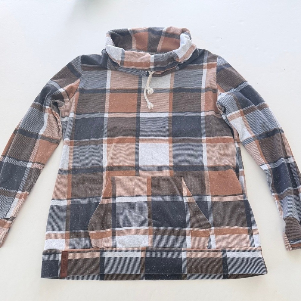 Ampersand Avenue Women XXXL Plaid Cowl Neck Sweatshirt Brown Grey Pocket